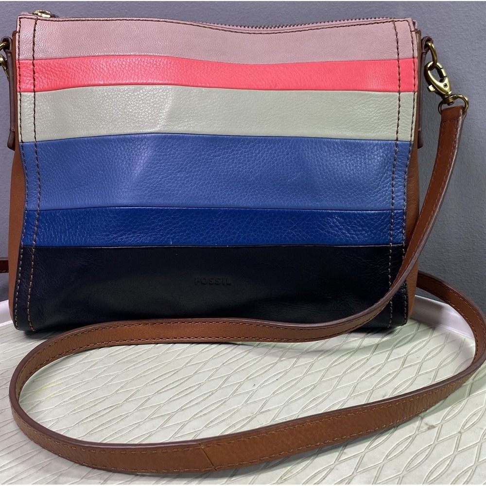 Fossil Striped Leather Top-Zip‎ Women's Crossbody Bag Blue/Black/Orange 8x9.5x1"